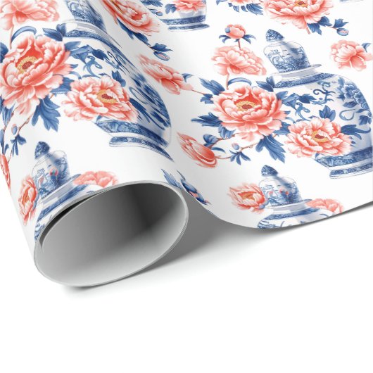 Grandmillenial Chinoiserie Ginger Jar Pink Peonies Cadeaupapier (Rol Hoek)