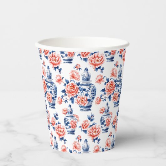 Grandmillenial Chinoiserie Ginger Jar Pink Peonies Papieren Bekers (Voorkant)