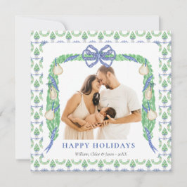 Grandmillenial Coastal Blue Chinoiserie één foto Feestdagenkaart