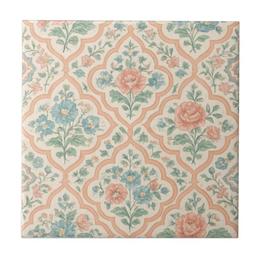 Grandmillenial Moroccan Peach Pink Blue Floral Tegeltje (Voorkant)