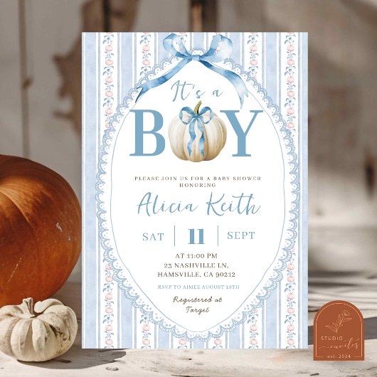 Grandmillenial Preppy Blue Pumpkin Boy Baby shower Kaart