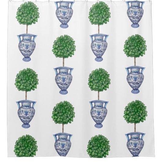 Grandmillenial preppy topiary blauwe klassieker douchegordijn (Voorkant)