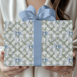Grandmillennial Aquarel Blauwe Strik & Groene Takk Cadeaupapier