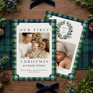 Grandmillennial Baby Eerste Kerstmis Tartan Foto Feestdagenkaart