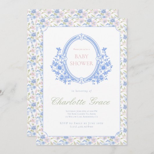 Grandmillennial Baby shower Invitation met Monogr Kaart (Voorkant / Achterkant)