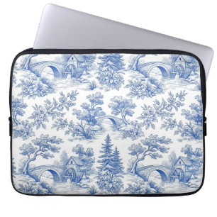 Grandmillennial Blauw Toile Landelijk Landschap Laptop Sleeve