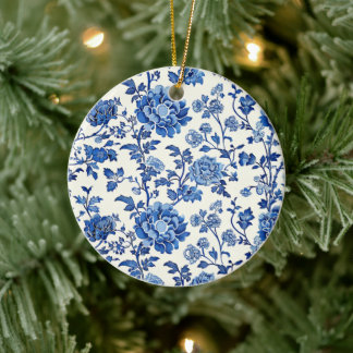Grandmillennial Blauw-witte bloemenchinoiserie Keramisch Ornament
