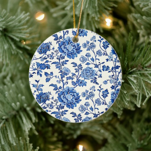 Grandmillennial Blauw-witte bloemenchinoiserie Keramisch Ornament (Boom)
