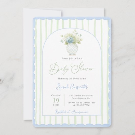Grandmillennial blauwe gemberpot baby shower invit kaart (Voorkant)