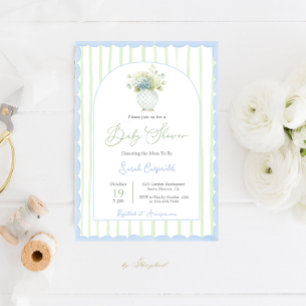 Grandmillennial blauwe gemberpot baby shower invit kaart