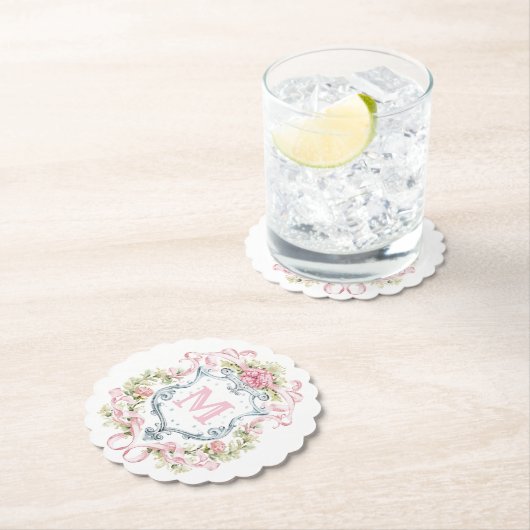 Grandmillennial Bloem Crest Monogram | Bruid  Kartonnen Onderzetters (Insitu)