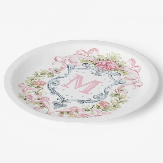 Grandmillennial Bloem Crest Monogram | Bruid  Papieren Bordje (Gekanteld)