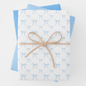 Grandmillennial Blue Bow Wrapping Paper Sheet Set (In situ)