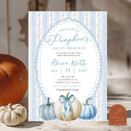 Grandmillennial Blue Pumpkin Boy Twins Baby shower Kaart