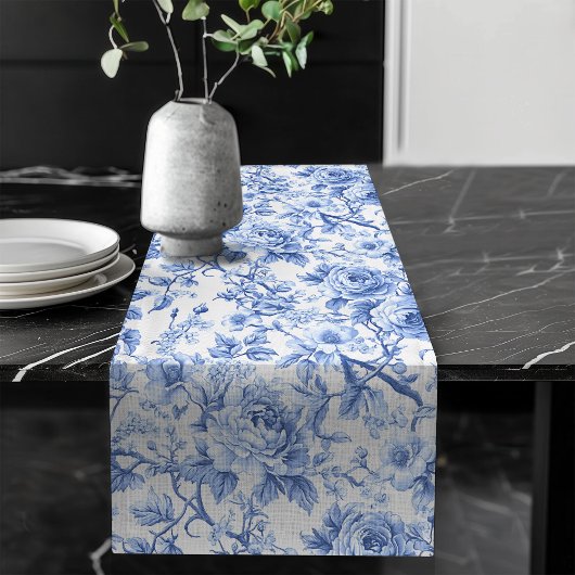 Grandmillennial Blue Toile Roses Floral Table Runn Lange Tafelloper