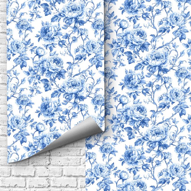Grandmillennial Blue Toile Roses Floral Wallpaper  Behang (Grandmillennial Blue Toile Roses Floral Wallpaper Design)
