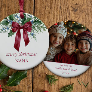 Grandmillennial botanische rode strik Kerst foto Keramisch Ornament