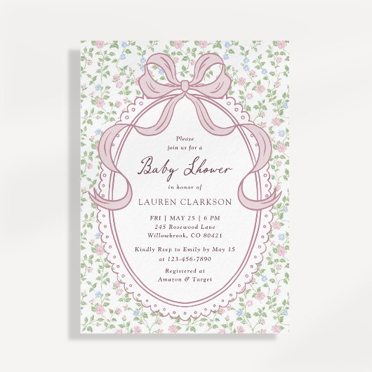 Grandmillennial Bow Baby Shower Invitation Kaart