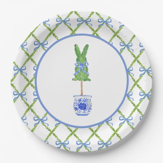 Grandmillennial Chinoiserie Bunny Topiary Papieren Bordje (Voorkant)
