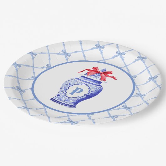 Grandmillennial Chinoiserie Ginger Jar Monogram Papieren Bordje (Gekanteld)