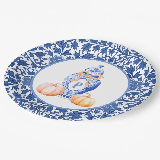 Grandmillennial Chinoiserie Ginger Jar Monogram Papieren Bordje (Gekanteld)