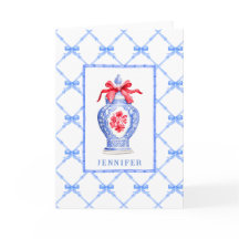 Grandmillennial Chinoiserie Ginger Jar w / Red Bow