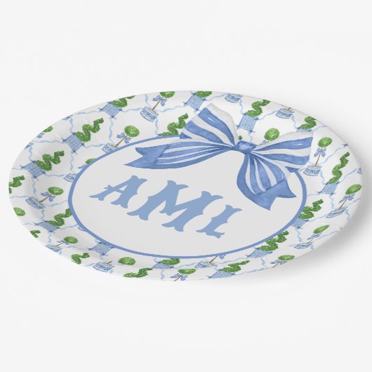 Grandmillennial Chinoiserie Monogram Topiary Papieren Bordje (Gekanteld)