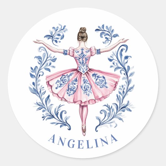Grandmillennial Christmas Damask Ballerina Ronde Sticker (Voorkant)
