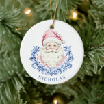 Grandmillennial Christmas Damask Santa Keramisch Ornament<br><div class="desc">Dit kerstornament heeft een Santa-gezicht met blauwe damast krans. Je kunt je personaliseren met een naam.</div>