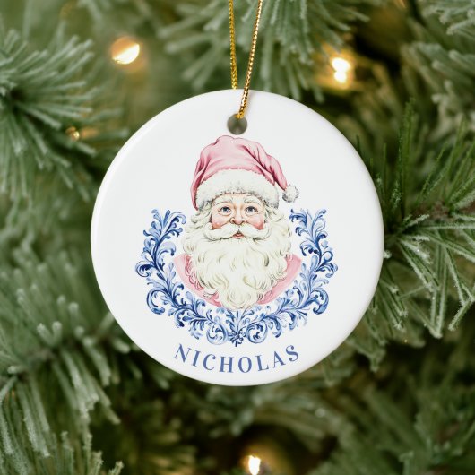 Grandmillennial Christmas Damask Santa Keramisch Ornament (Boom)