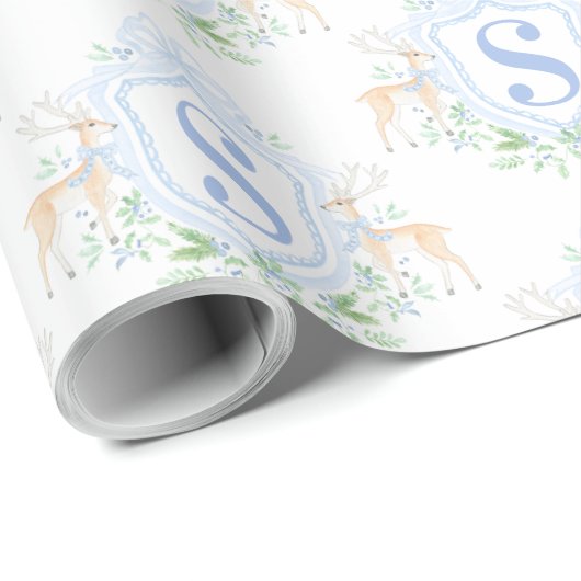 Grandmillennial Christmas Deer Crest Monogram Cadeaupapier (Rol Hoek)