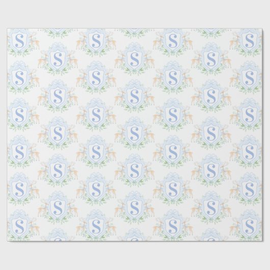Grandmillennial Christmas Deer Crest Monogram Cadeaupapier (Vlak)