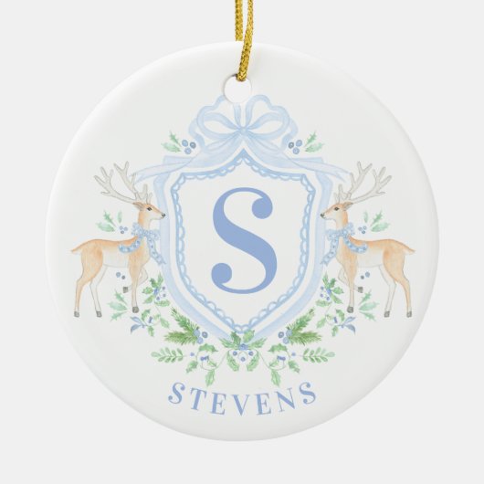 Grandmillennial Christmas Deer Crest Monogram Keramisch Ornament (Voorkant)