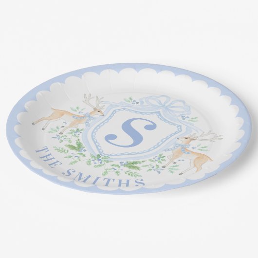 Grandmillennial Christmas Deer Crest Monogram Papieren Bordje (Gekanteld)