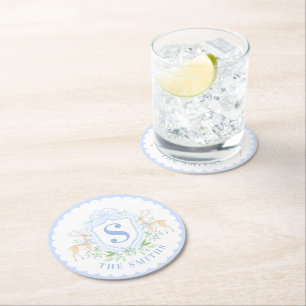 Grandmillennial Christmas Deer Crest Monogram Ronde Kartonnen Onderzetter