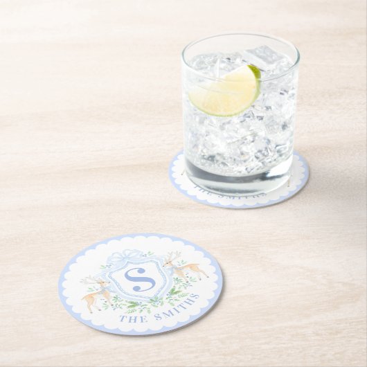 Grandmillennial Christmas Deer Crest Monogram Ronde Kartonnen Onderzetter (Insitu)