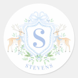 Grandmillennial Christmas Deer Crest Monogram Ronde Sticker