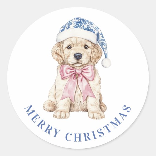 Grandmillennial Christmas Puppy Ronde Sticker (Voorkant)
