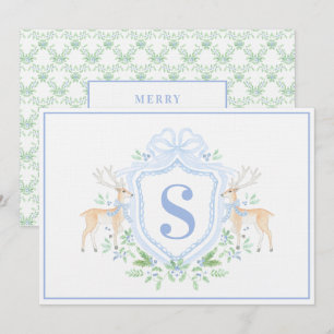 Grandmillennial Christmas Reindeer Crest Monogram Kaart
