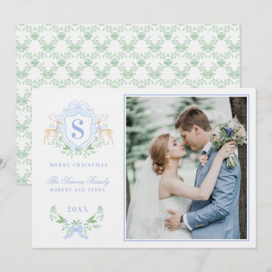 Grandmillennial Christmas Reindeer Crest Monogram Kaart (Voorkant / Achterkant)
