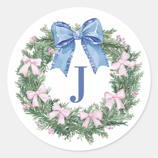 Grandmillennial Christmas Wreath Monogram Ronde Sticker (Voorkant)