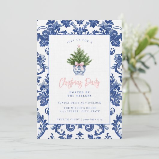 Grandmillennial Damask Kerstboom Kaart (Staand voorkant)