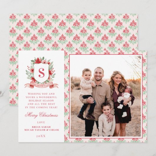 Grandmillennial Floral Crest | Christmas Monogram Feestdagenkaart (Voorkant / Achterkant)