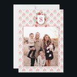 Grandmillennial Floral Crest | Christmas Monogram Feestdagenkaart<br><div class="desc">This vertical Christmas photo card has a preppy grandmillennial design featuring a floral crest surrounded with berries an with a monogram letter in the center. The front and back have a coordinating damask pattern.</div>