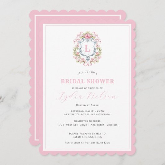 Grandmillennial Floral Crest Monogram | Bruids Kaart (Voorkant / Achterkant)