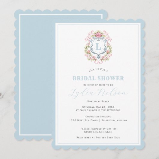 Grandmillennial Floral Crest Monogram | Bruids Kaart (Voorkant / Achterkant)