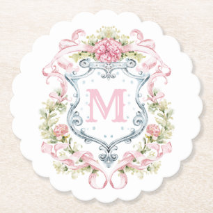 Grandmillennial Floral Crest Monogram   Bruids Kartonnen Onderzetters