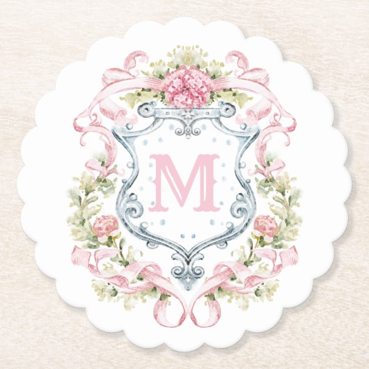 Grandmillennial Floral Crest Monogram | Bruids Kartonnen Onderzetters (Voorkant)