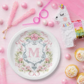 Grandmillennial Floral Crest Monogram | Bruids Papieren Bordje (Feest)