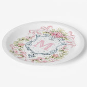 Grandmillennial Floral Crest Monogram | Bruids Papieren Bordje (Gekanteld)